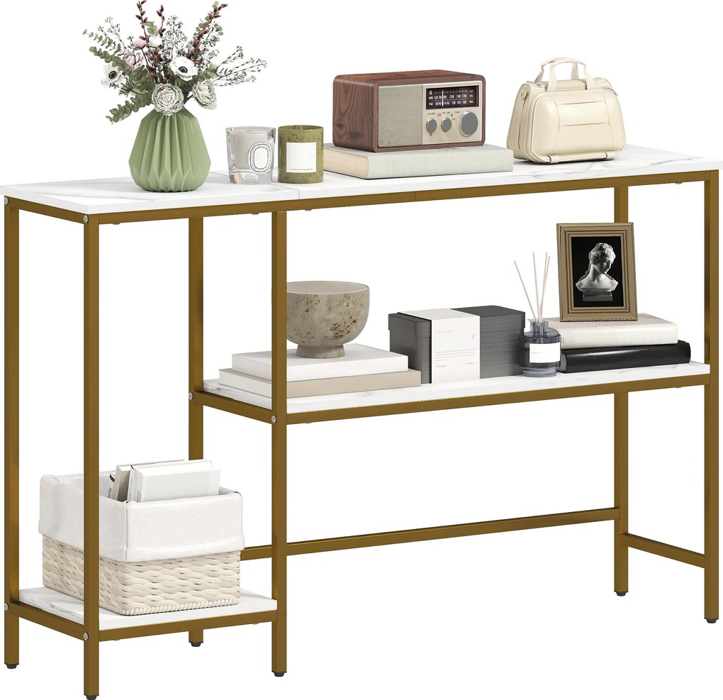 HOMCOM konzolasztal 120 x 30 x 76,5 cm, 3 polcos, márványhatású lapok, fém váz, előszoba & folyosó | Aosom