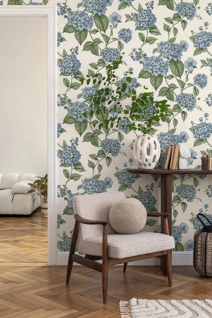 Holden Decor Wanderlust Hortensia kék-zöld virágos vlies tapéta – 92121