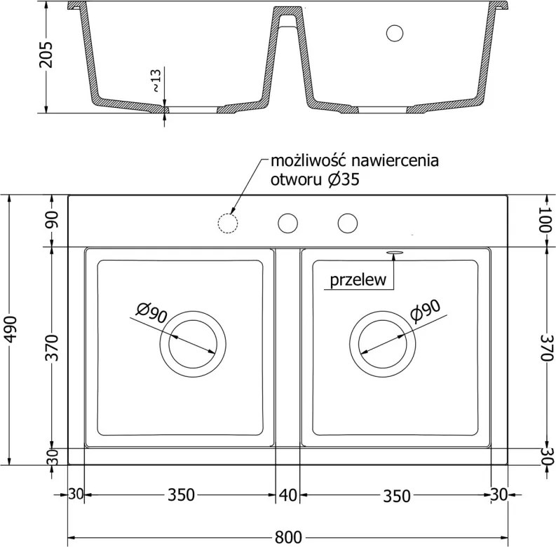 Mexen Hektor 2 rekeszes gránit mosogató 800 x 480 mm, bézs, króm szifon - 6521802000-69