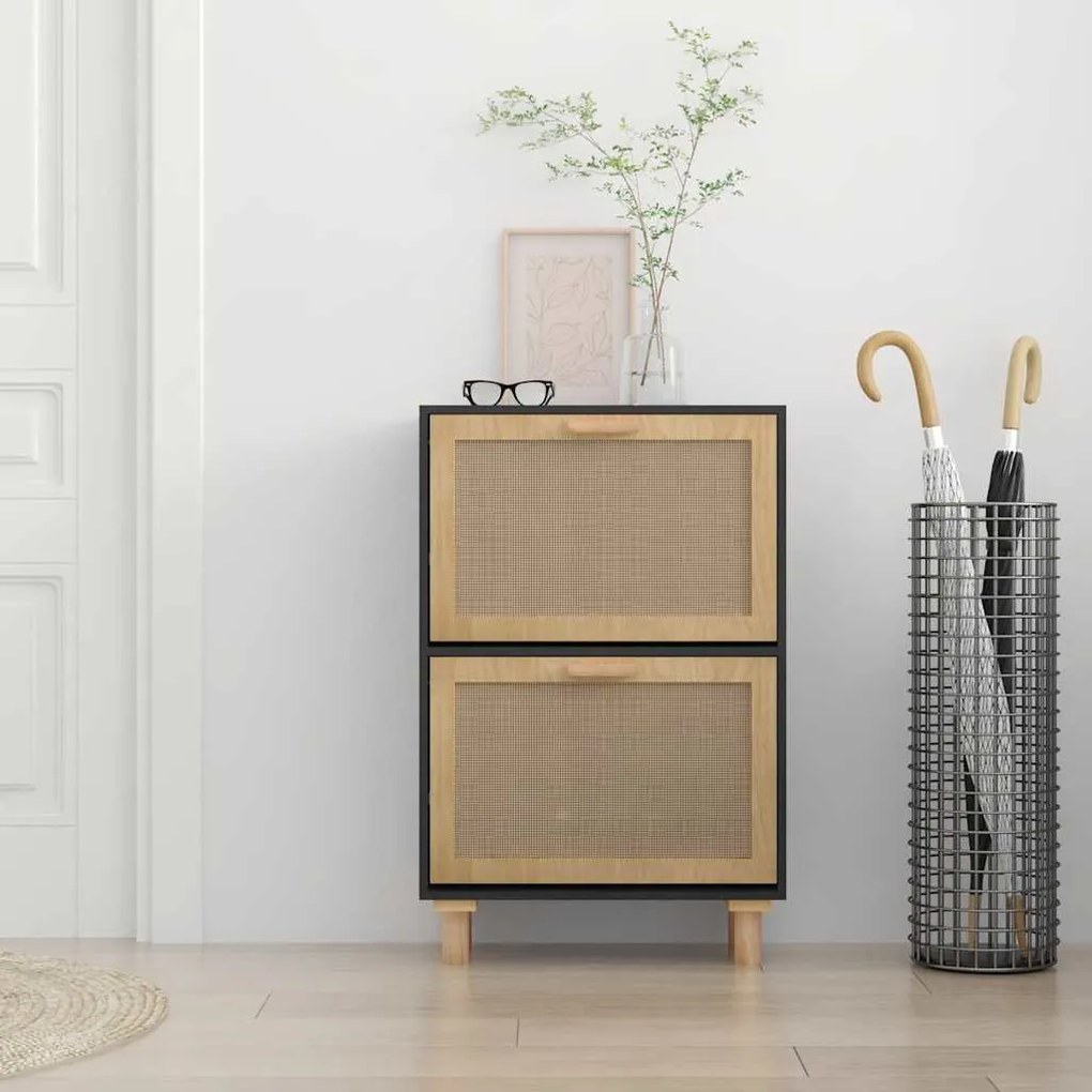 fekete szerelt fa és természetes rattan cipőszekrény 52x25x80cm