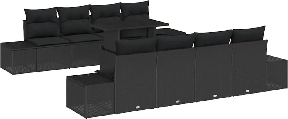 vidaXL Kerti Kanapé Szett 9 pcs Fekete Poli rattan és porfestett acél