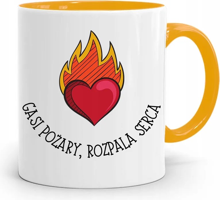 Sárga Bögre Tűzoltóknak Oltja A Tüzeket Lángra Lobbantja A Szíveket fényképes nyomattal