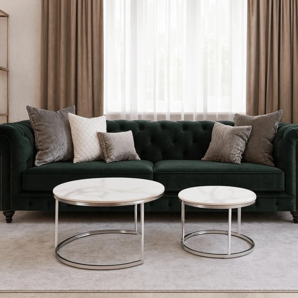 Fehér Márvány/Ezüst Dohányzóasztal Szett. AMARA MAX