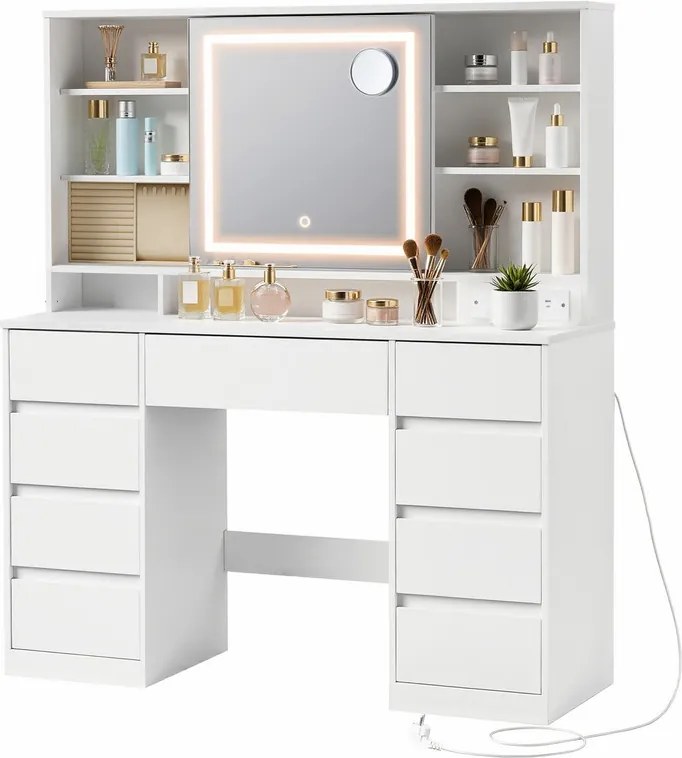 Fésülködő asztal, sminkasztal LED tükörrel és 9 fiókkal, szerszámmentes összeszerelés, Fehér