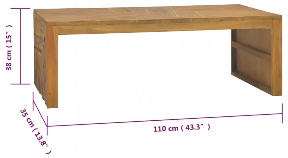 eróziós tömör tíkfa dohányzóasztal 110 x 35 x 38 cm