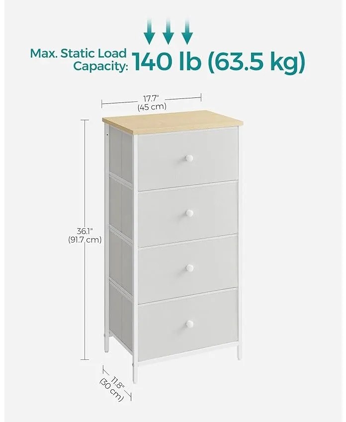 Tároló szekrény négy fiókkal, ruhás szekrény, fehér és tölgy 30 x 45 x 92 cm