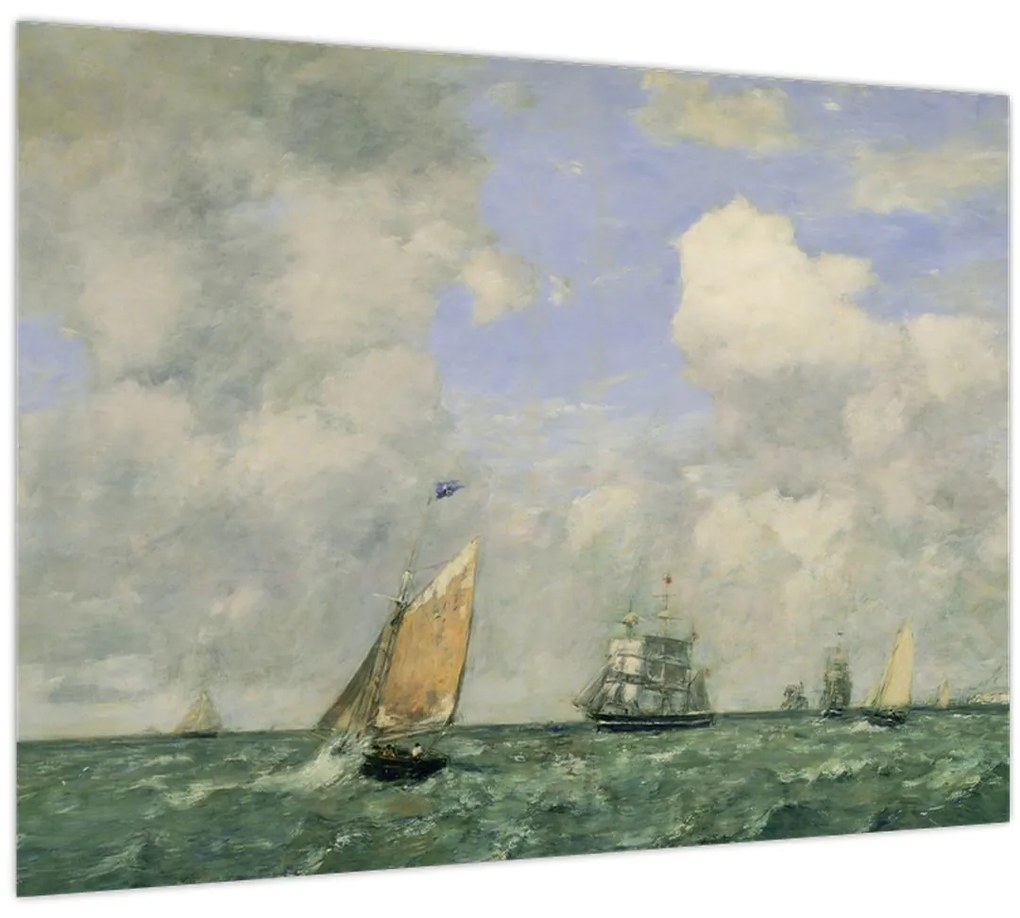 Üveg kép - Eugène Boudin, Ships and Sailing Boats Leaving Le Havre, reprodukciók (70x50 cm)