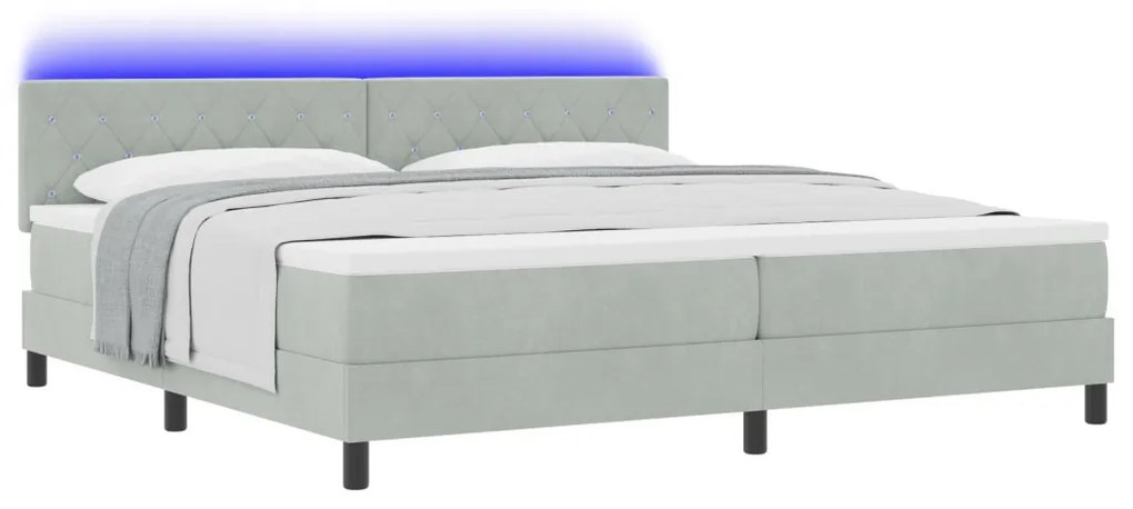 Boxspring Ágy Matrac és LED Fénnyel Világosszürke 200x200 cm Bársonyos
