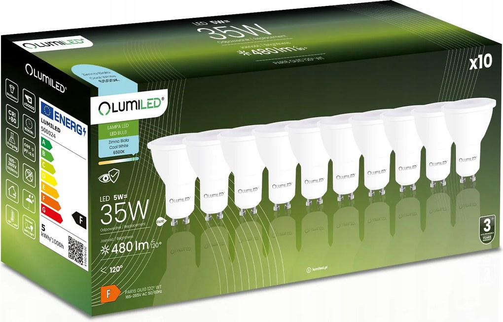 10x Led izzó GU10 5W 6500K Hideg Fehér 120° Nagy Teljesítményű Prémium CCD