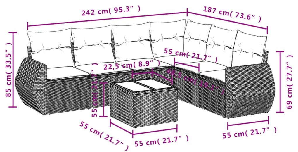 7 részes barna polyrattan kerti ülőgarnitúra párnákkal