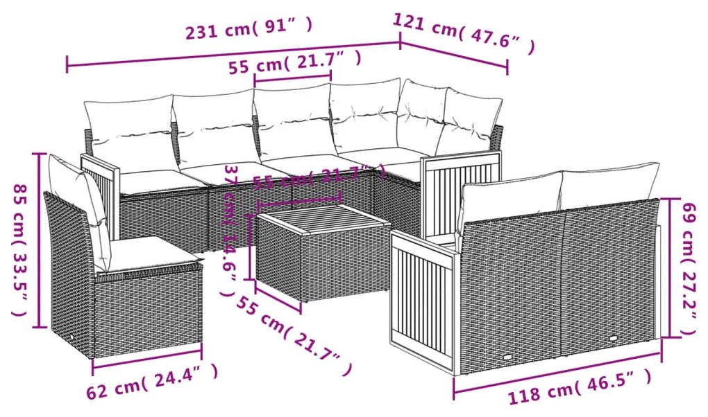 9 részes bézs polyrattan kerti ülőgarnitúra párnákkal