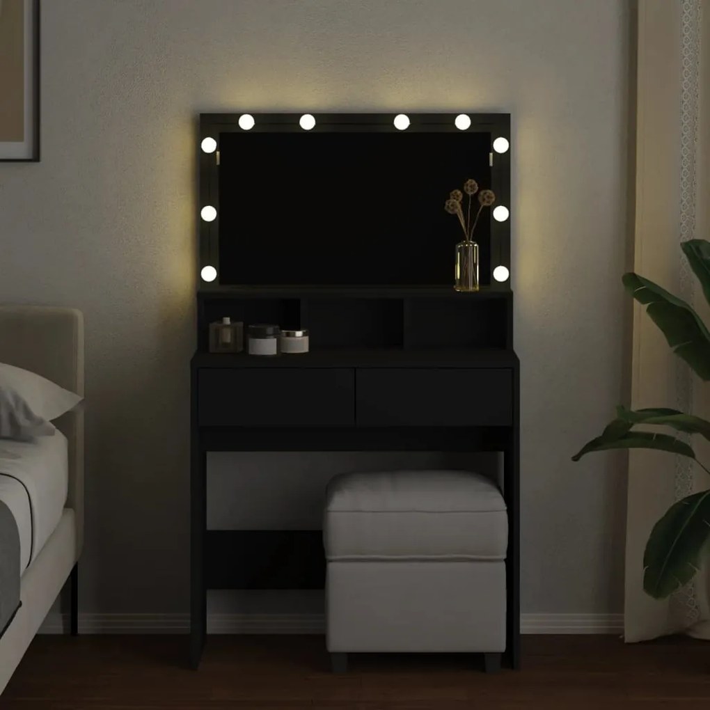 fekete fésülködőasztal LED-del 80 x 41 x 134,5 cm