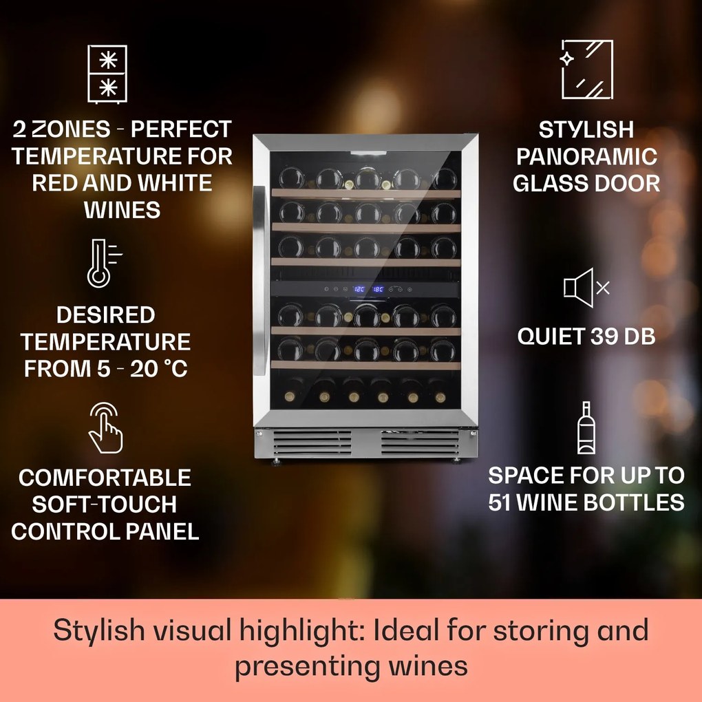 Klarstein Vinovilla 50 Duo, 2 zónás borhűtő, 53 liter, 17 palack, 3-színű LED világítás, üvegajtó