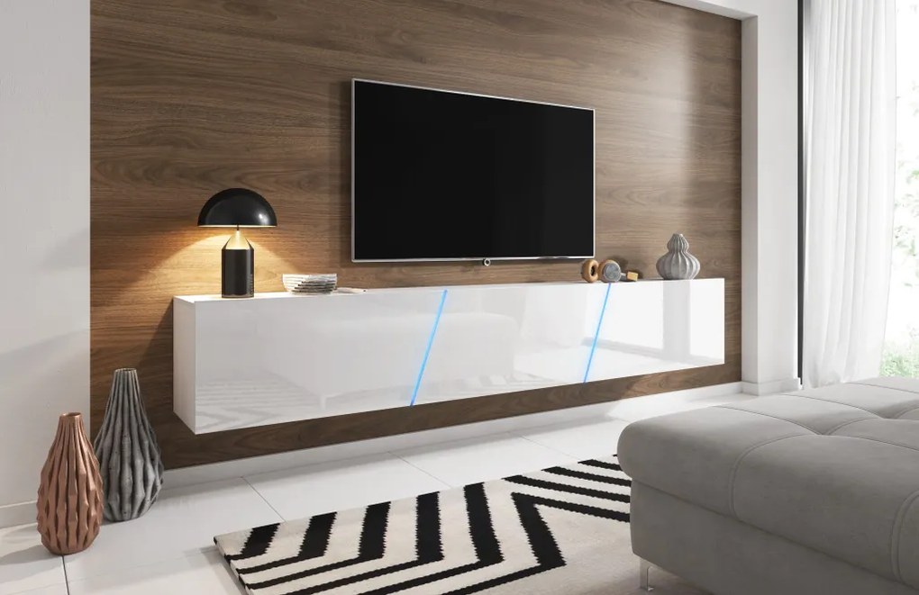 Magasfényű Fehér Lebegő TV Állvány LED Világítással. 240 cm. SLANT 240