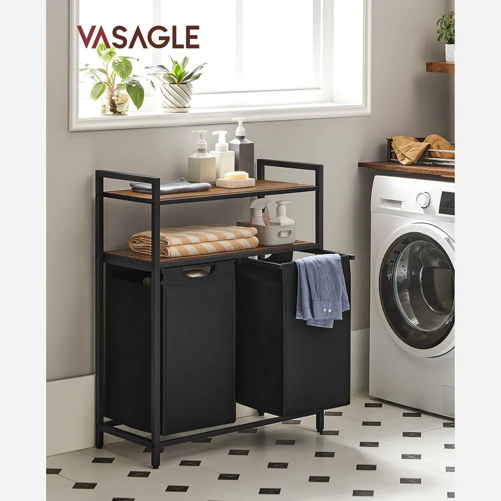 BERGEN ruháskosár 2 polccal, 2x46l, fekete/barna Vasagle
