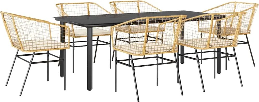 vidaXL 7 észes barna polyrattan üveg kerti étkezőgarnitúra párnával