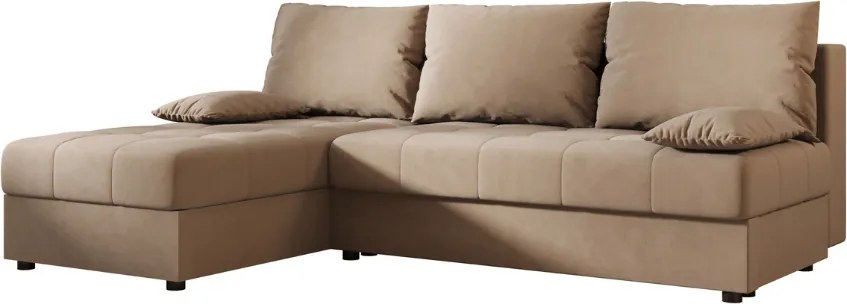 Ágyazható, kétoldalas L alakú kanapé VENORIA SLIM 200x143 cm, bézs színű + 2 db díszpárna INGYEN