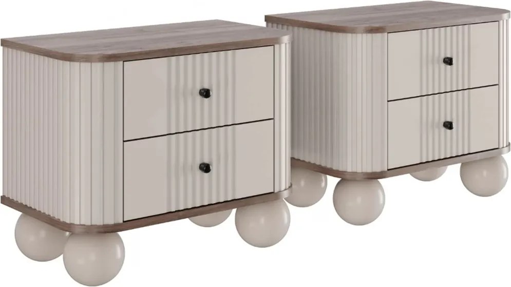 Vesper éjjeliszekrény szett 56 cm - kasmír / dió / fekete fogantyúk / gömb alakú lábak