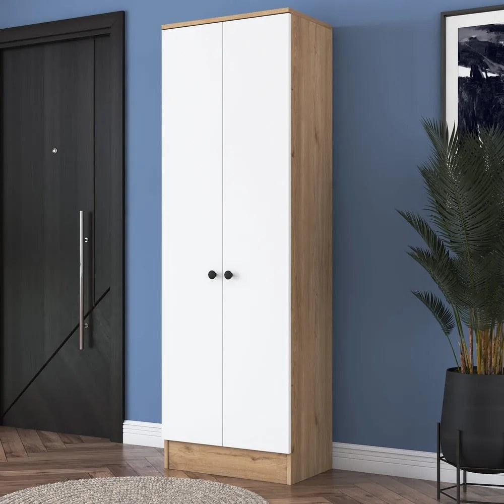 Fehér-natúr színű ruhásszekrény diófa dekorral 60x183 cm Theresa – Kalune Design