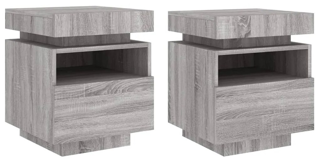 2 db szürke sonoma éjjeliszekrény LED-fényekkel 40x39x48,5 cm