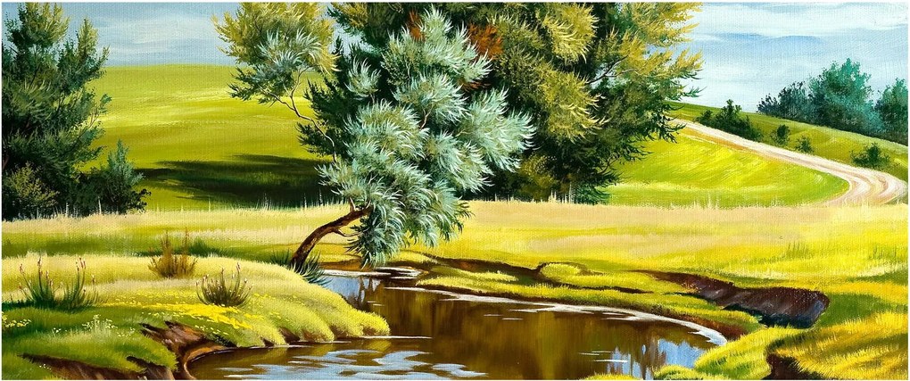 Kép - folyó a rétek között,, olajfestmény (120x50 cm)