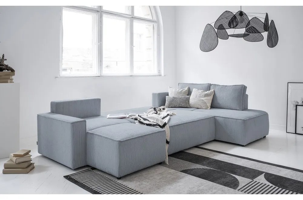 Világosszürke kordbársony kinyitható sarokkanapé (jobb oldali-U alakú) Brave Dave – Miuform