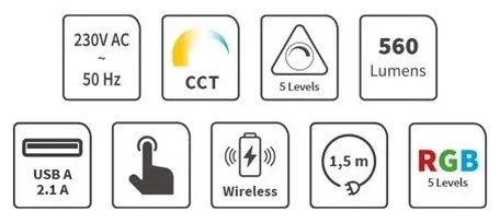 LED RGB érintős, tölthető asztali lámpa, állítható fényerő, 7,5W, 2700-5300K, fe