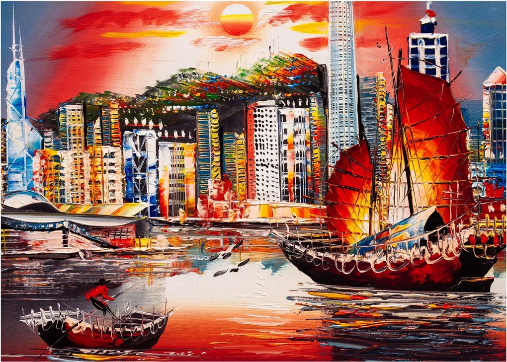 Kép - Victoria Harbour, Hong Kong, olajfestmény (70x50 cm)