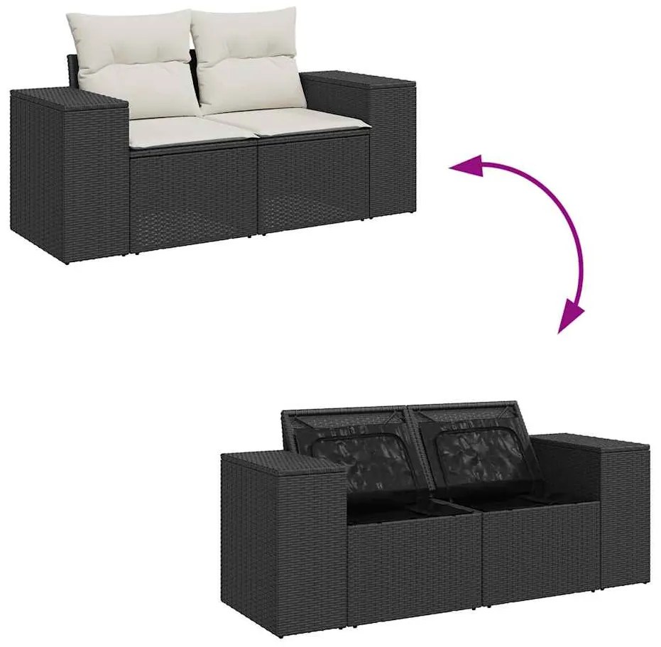 9 részes fekete polyrattan akácfa kerti ülőgarnitúra párnákkal