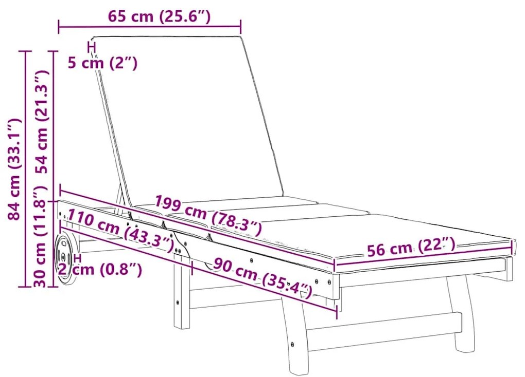 Napozó párnával 2 pcs Barna 63 x 199 x 85cm Tömör akácfa