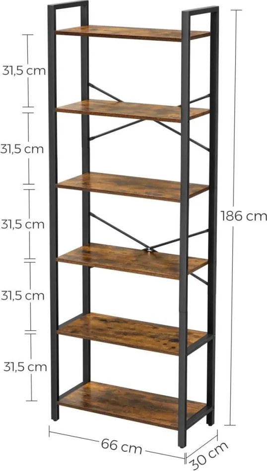 Könyvespolc, álló polc, 6 szintes, rusztikus barna 66x30x186cm