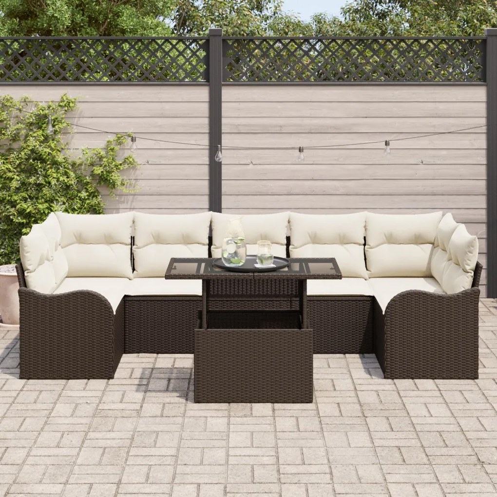 8 darabos kerti kanapészett párnákkal barna poly rattan, 2 személyes kerti kanapé tárolóval és párnákkal barna poly rattan