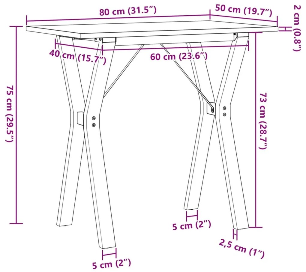 tömör fenyőfa és acél étkezőasztal Y-vázzal 80x50x75 cm