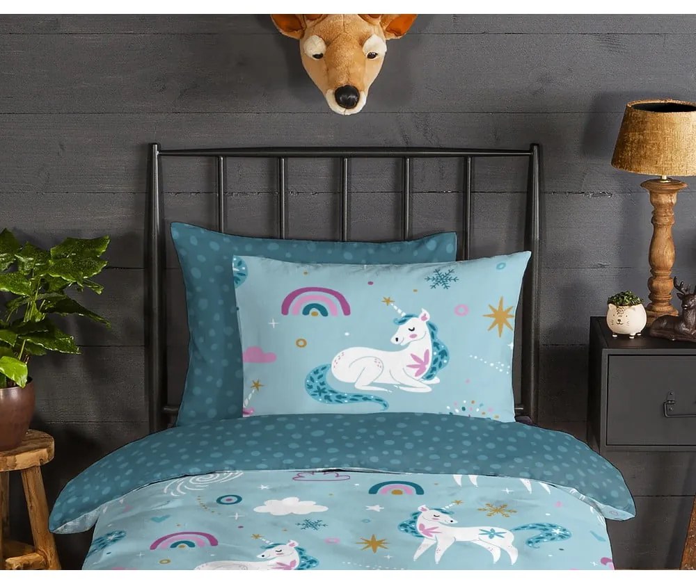 Kék egyszemélyes-hosszabbított flanel gyerek ágyneműhuzat 140x220 cm Snowycorn – Good Morning