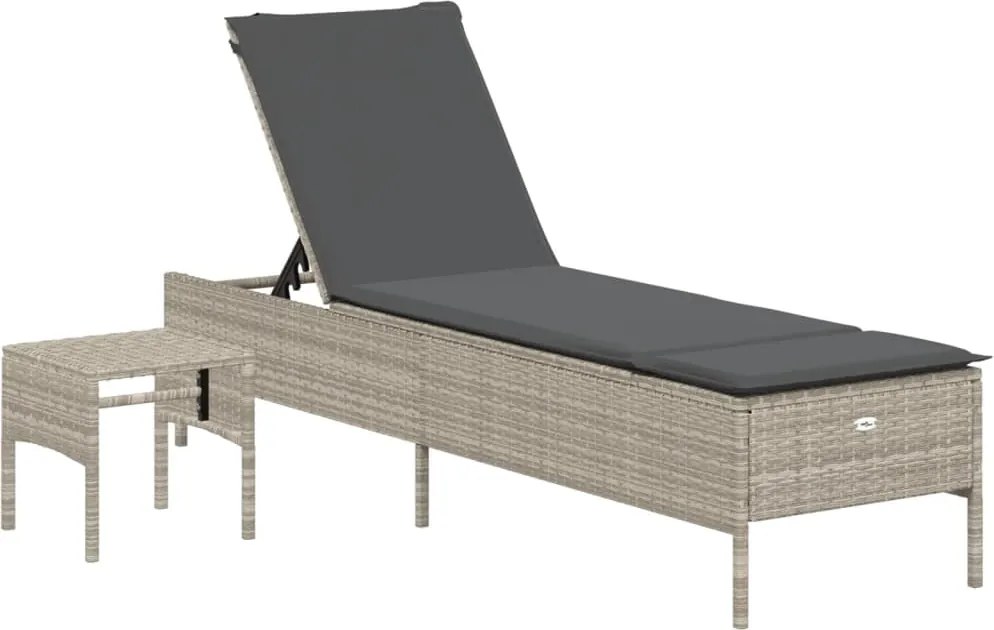 vidaXL világosszürke polyrattan napozóágy asztallal és párnával