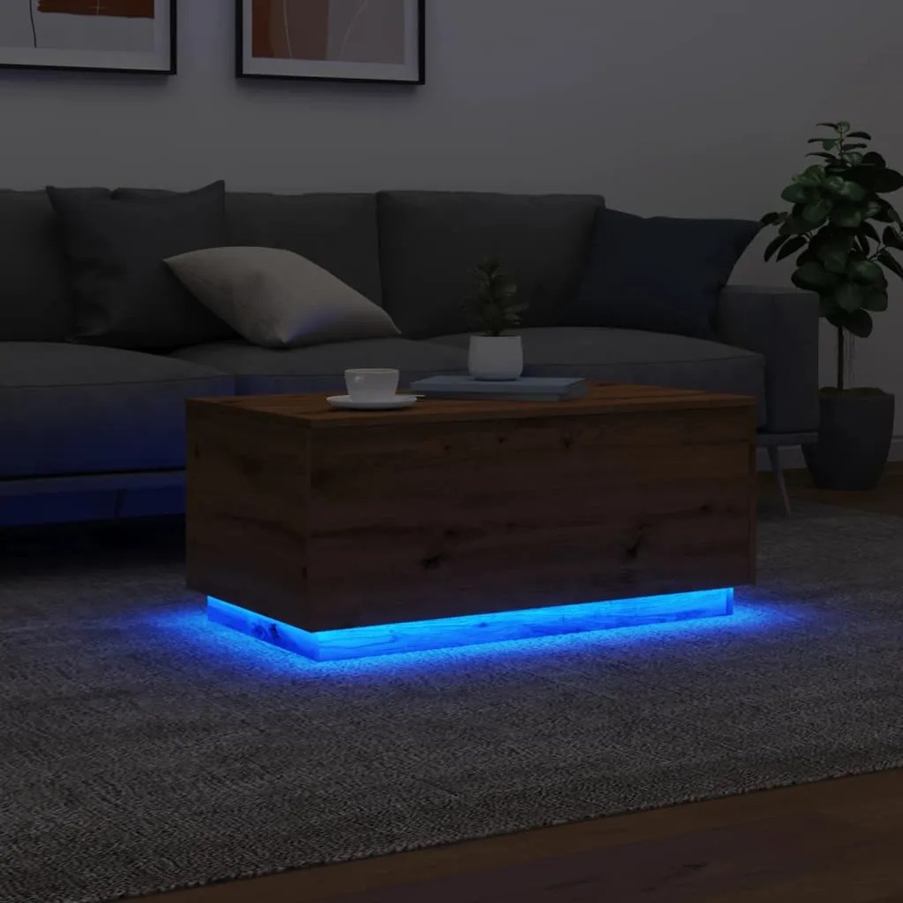 kézműves tölgy színű dohányzóasztal LED-lámpákkal 90x50x40 cm
