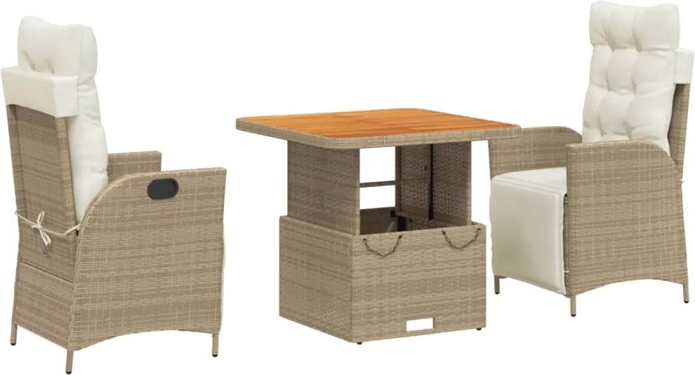 vidaXL 3 részes bézs polyrattan kerti étkezőgarnitúra párnákkal