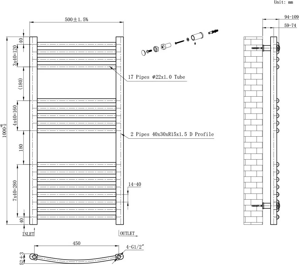 Íves törölközőszárító radiátor 1000x500 mm fehér