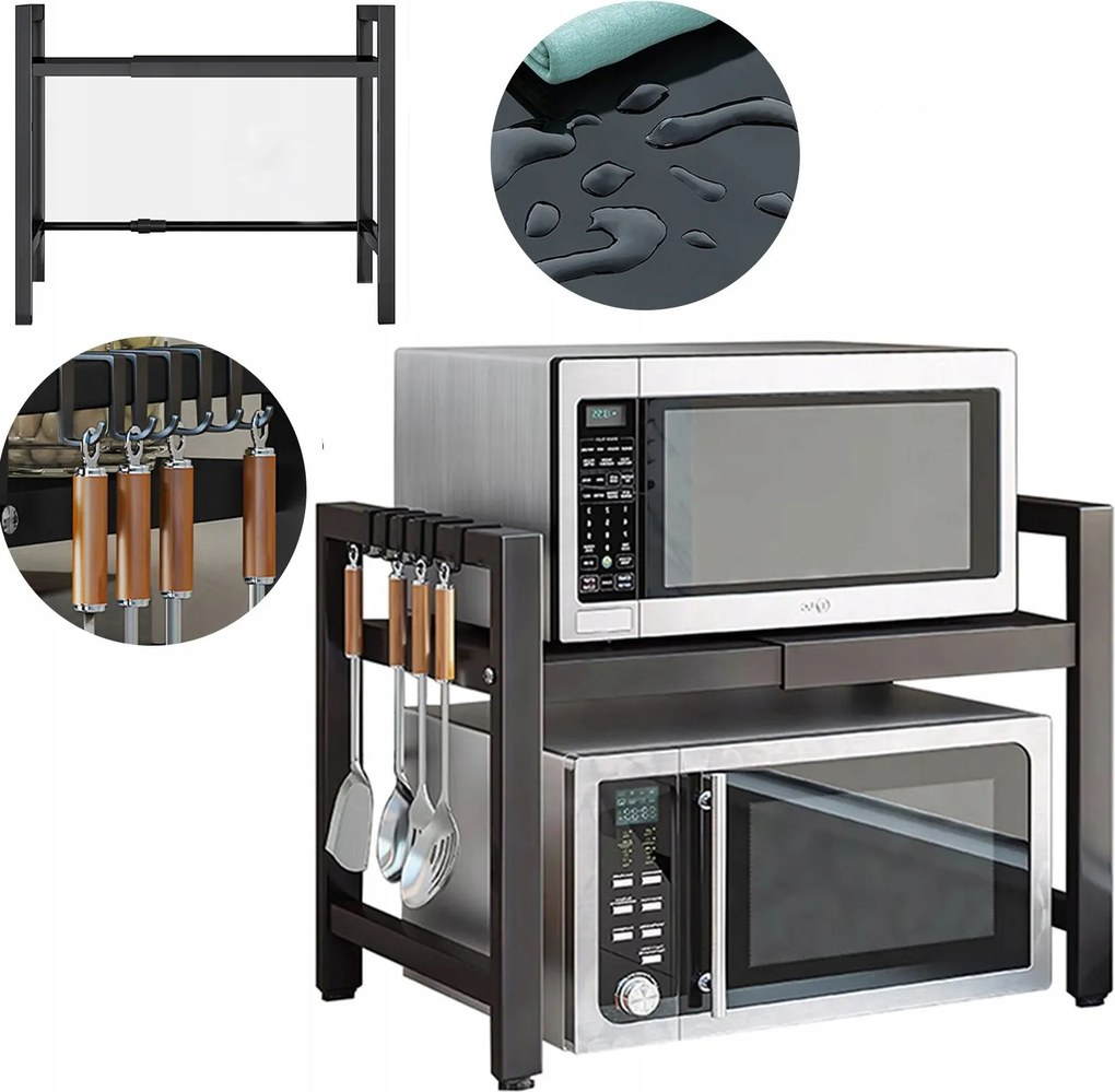 Mikrohullámú Sütő Állvány Fém Szervező Konyhai Polcok Állítható Loft 6 x Akasztó