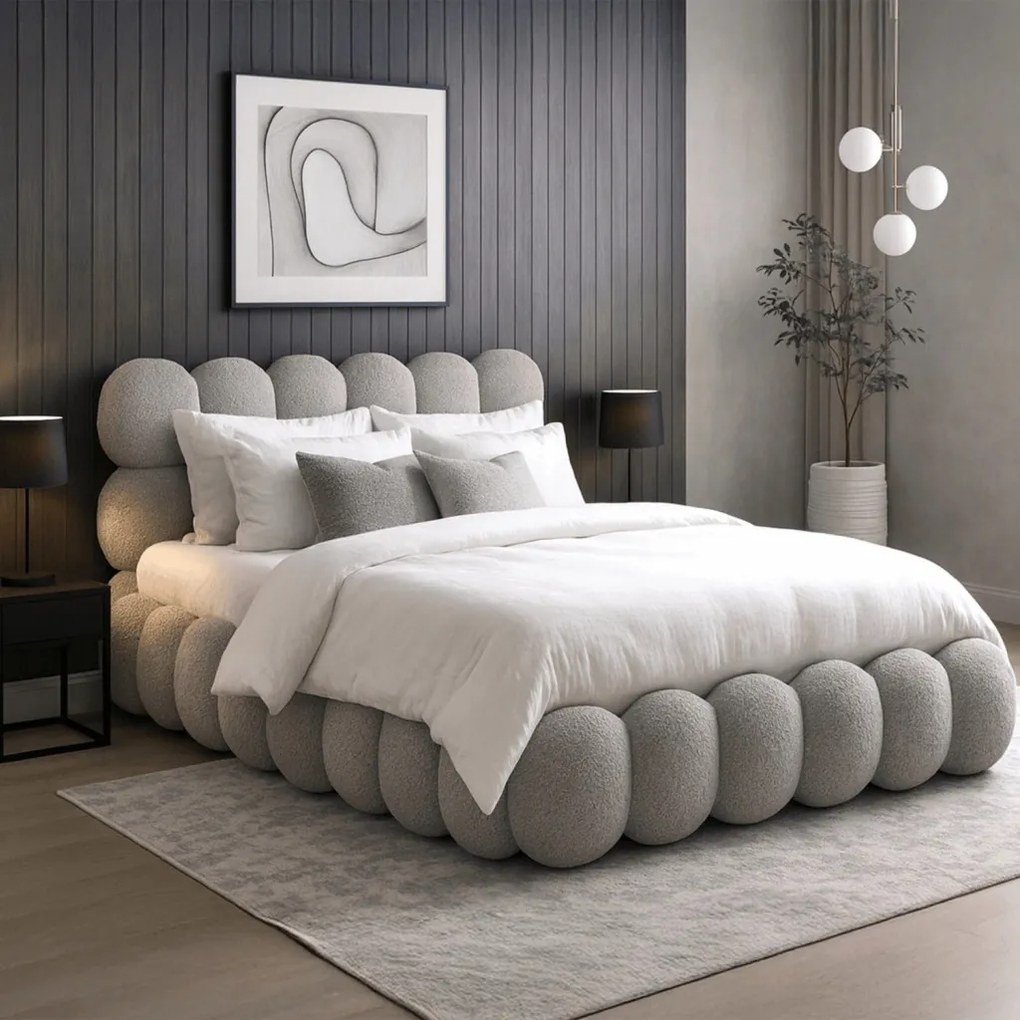 ANKARA ágy 140x200 cm, szürke boucle, ágyneműtartóval