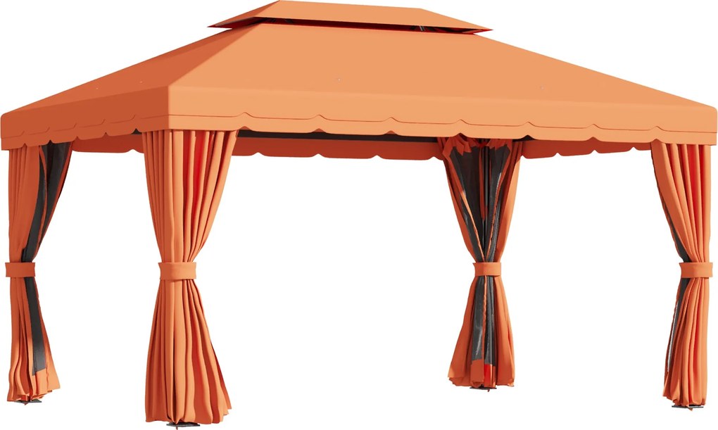 Outsunny Kerti Pavilon 4x3 m Szúnyoghálóval és Napernyő Függönyökkel, Kétszárnyú Kültéri Pavilon UV-Csökkentő Poliészter Borítással és Alumínium Ötvöz