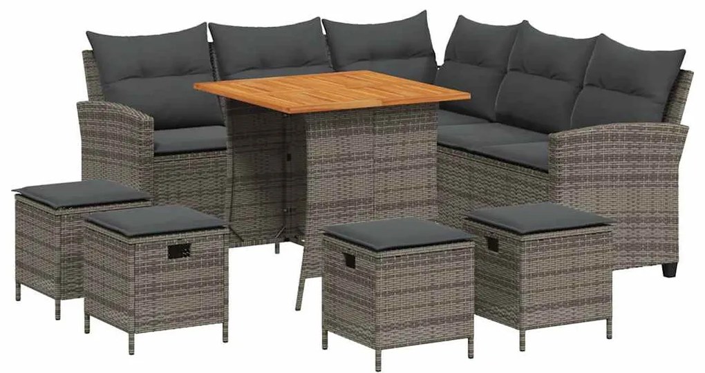 6 részes szürke polyrattan kerti ülőgarnitúra párnákkal L-alakú