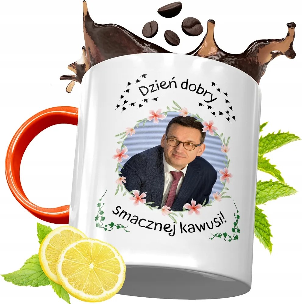 Narancssárga Bögre Mateusz Morawiecki Ajándék fényképes nyomtatással