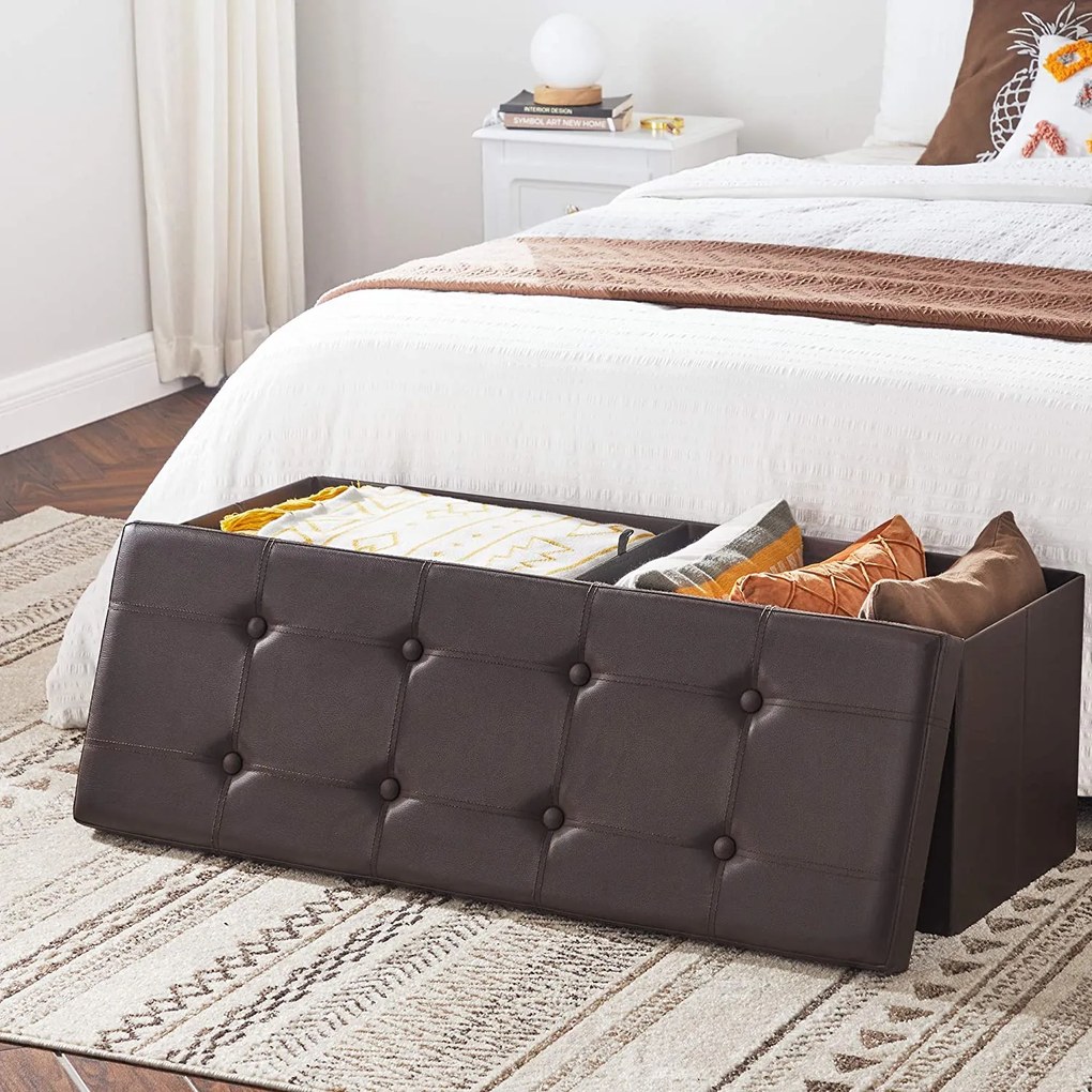 Puff, összecsukható tároló ottomán pad 120l, 110 x 38 x 38 cm, barna