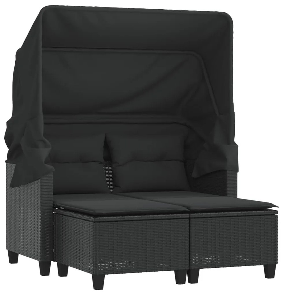 2 személyes fekete polyrattan kerti kanapé baldachinnal/székkel