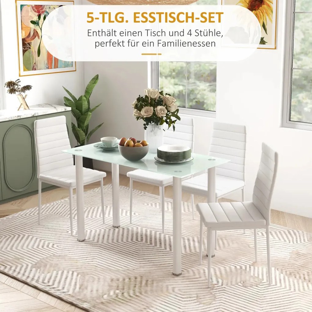 HOMCOM Étkezőgarnitúra, étkezőasztal 4 székkel, modern design, üvegasztal, fehér