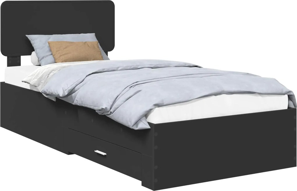vidaXL Ágykeret fejtámlával fiókkal Fekete 100 x 200 cm Faanyag