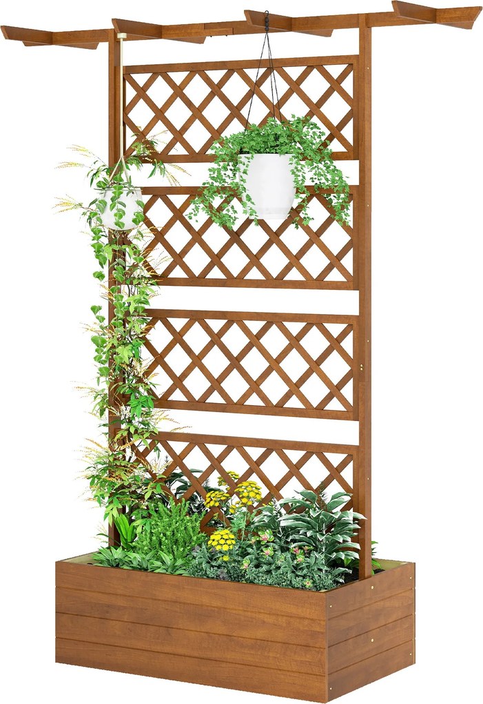 Outsunny fenyő emelt virágláda léckerettel és tetővel, futónövényeknek, erkélyre és kertbe, 160 × 55 × 183 cm — narancssárga | Aosom
