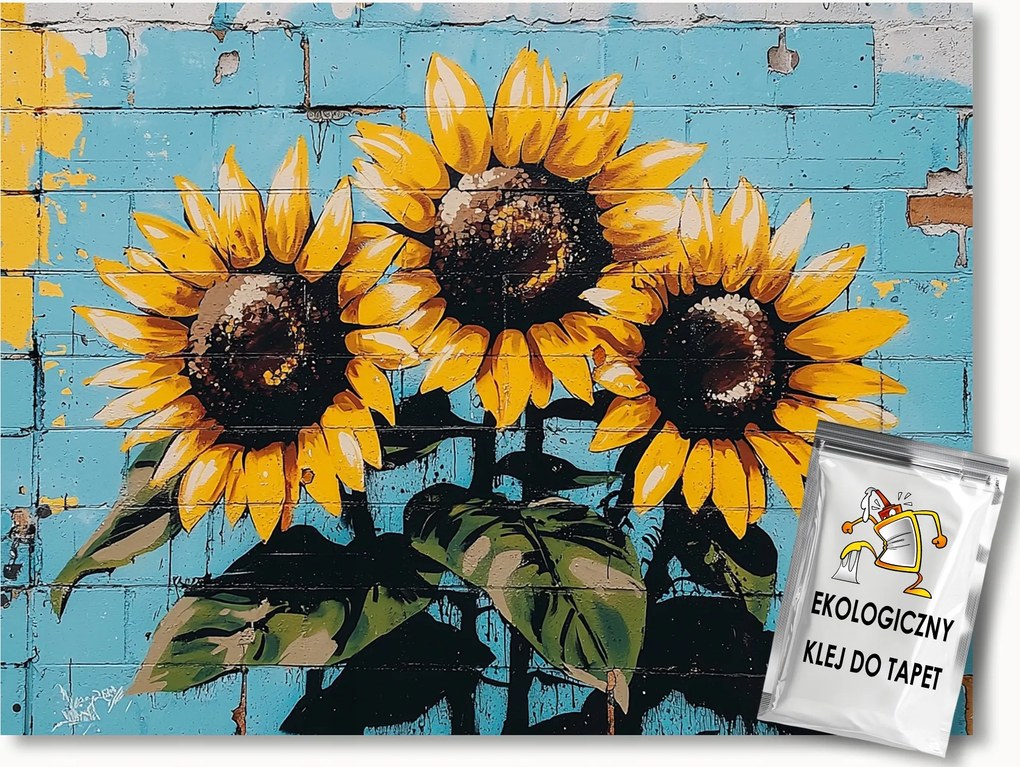 Fotótapéta Flizelina Fal Tégla Graffiti Virágok Napraforgó 300x210 ragasztó