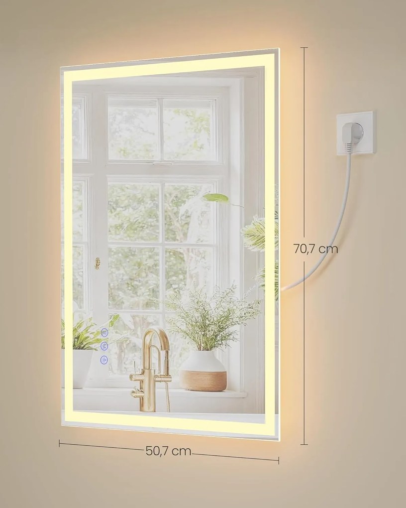 SONGMICS LED-es fürdőszobai tükör, 71x51 cm, páramentesítő funkció, fehér